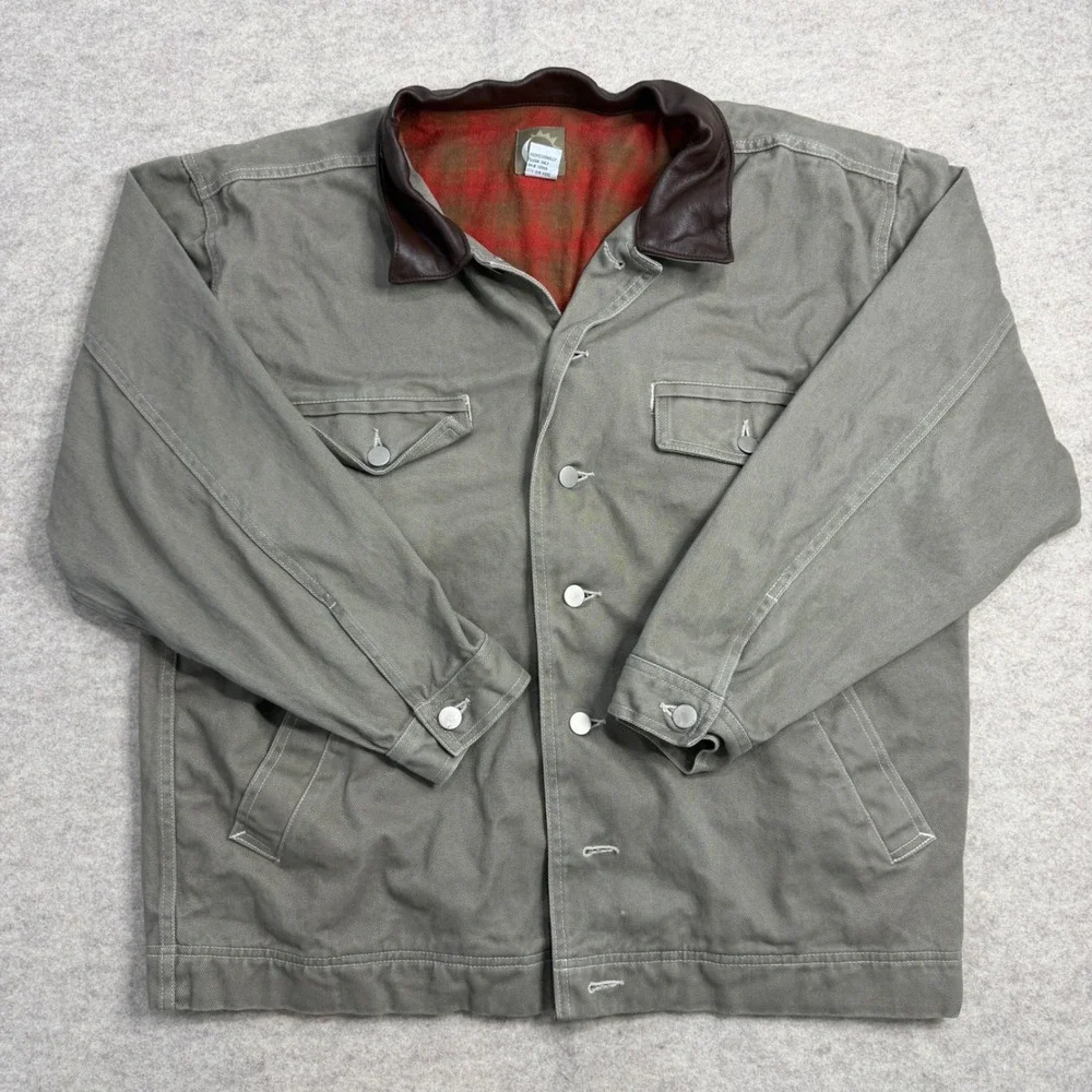Vintage Marlboro Canvas Barn Jacket Leather Collar Plaid Flannel Lined Green L